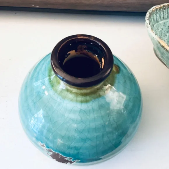 Turquoise Ceramics Set Of 3 Mixed Pieces Vases Square Bowl Home Accents Decor - Picture 9 of 12